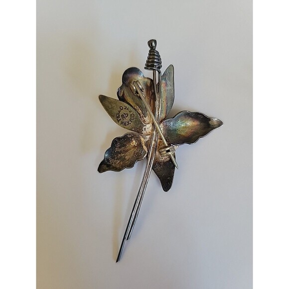 Taxco Mexico 925 Iris Flower Ornate Design Brooch Pin Screw Back Earrings Set - Picture 13 of 16